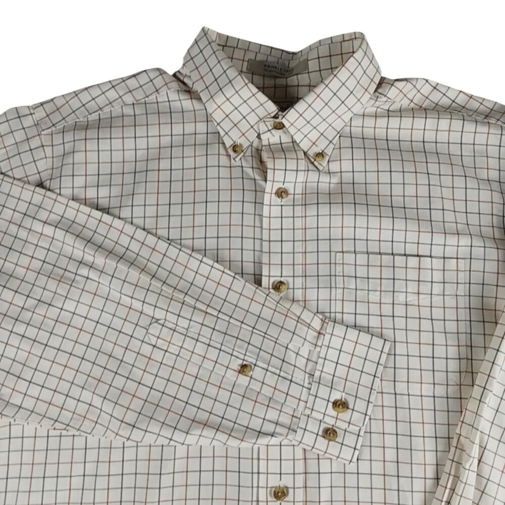 L.L. Bean Dress Shirt Mens Large Beige Check Button Down Wrinkle Long Sleeve